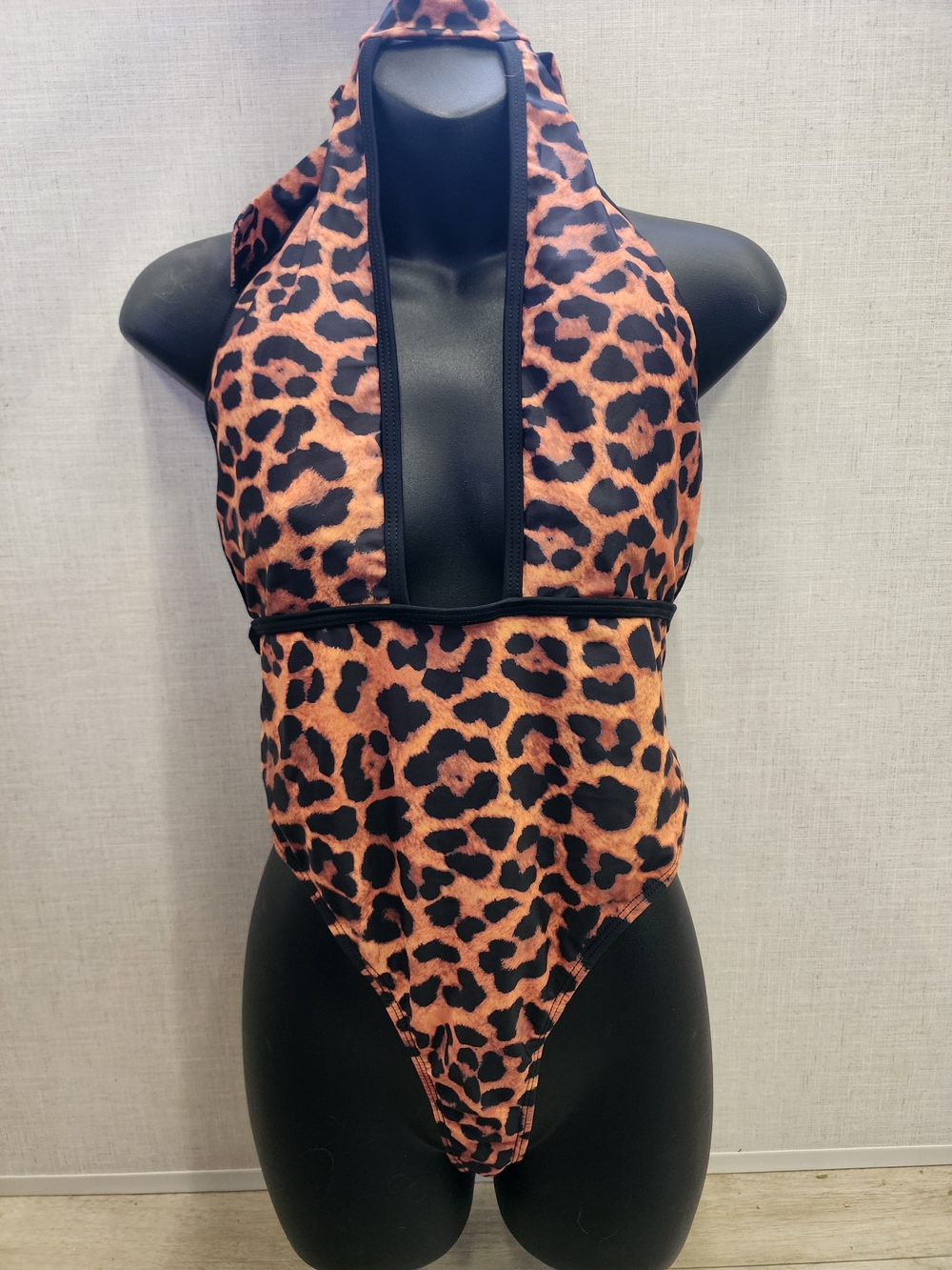 Leopard Print Halter One-Piece Swimsuit - Brown & Black
